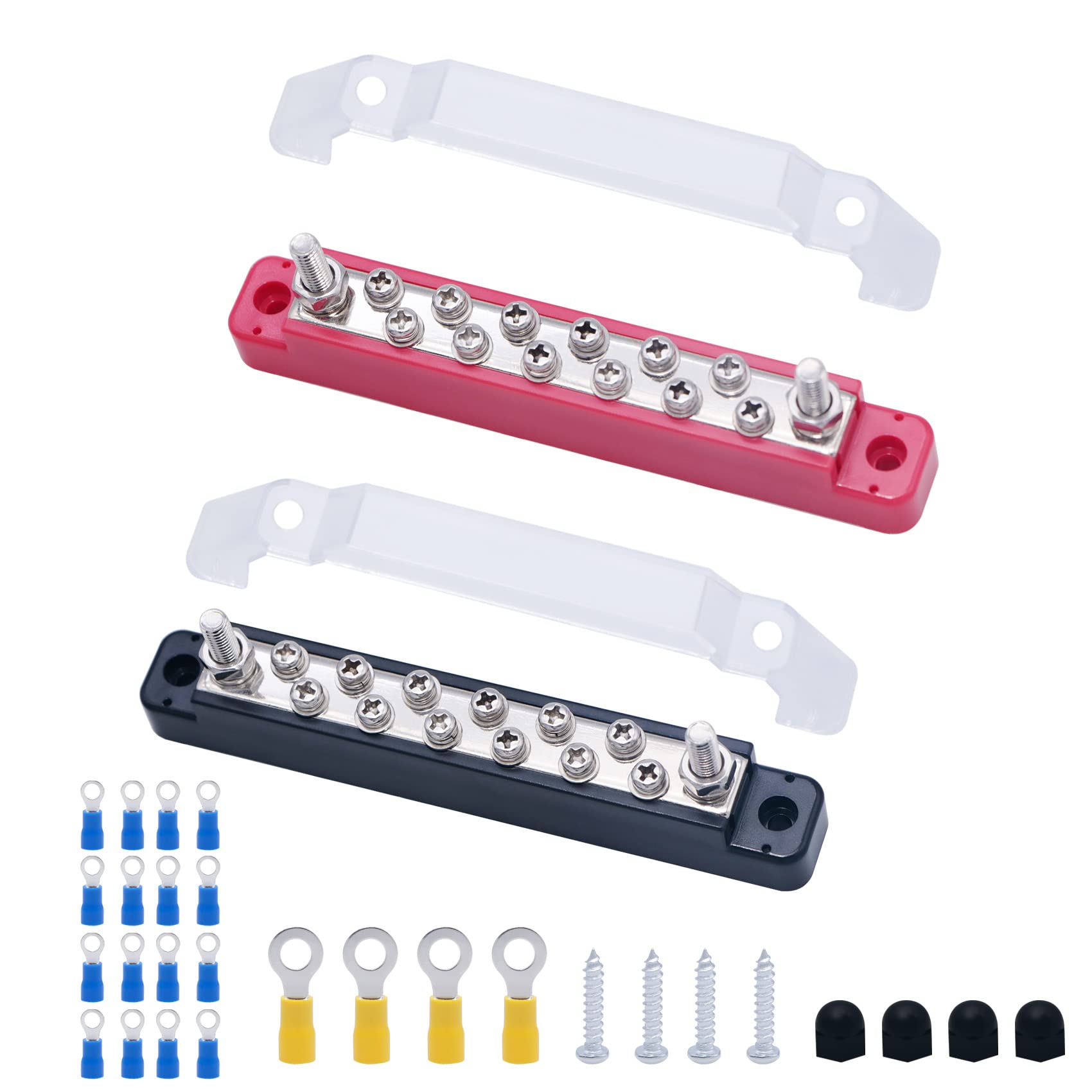 Zovfam Bus Bar Terminal Block 12V Power Distribution Block with 2 x 1/4" Posts and 12 x #8 Screws Terminals Marine Bus Bar with Ring Terminals Cover