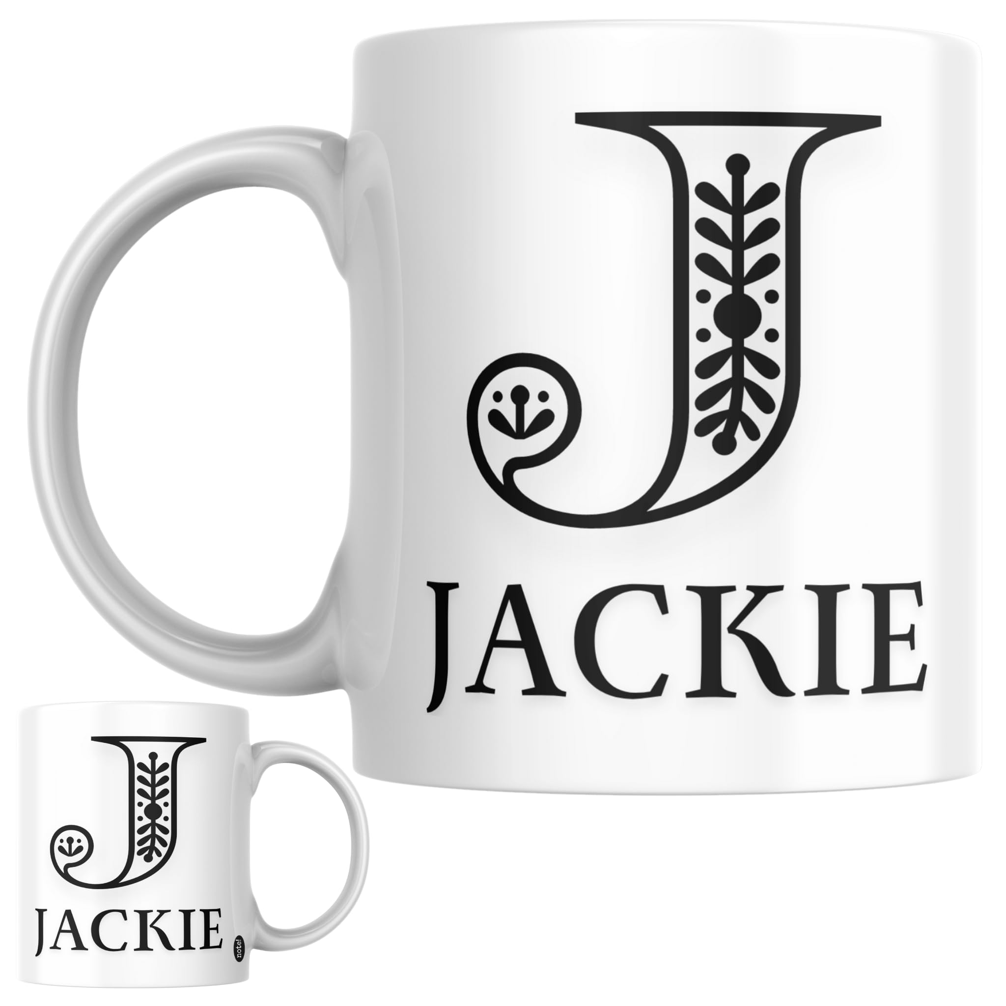Designs of note! Jackie Personalised Initial Name Mug | Letter J Decorative Coffee Cup for Her | Novelty Elegant Gift for Women or Girls Called Jackie