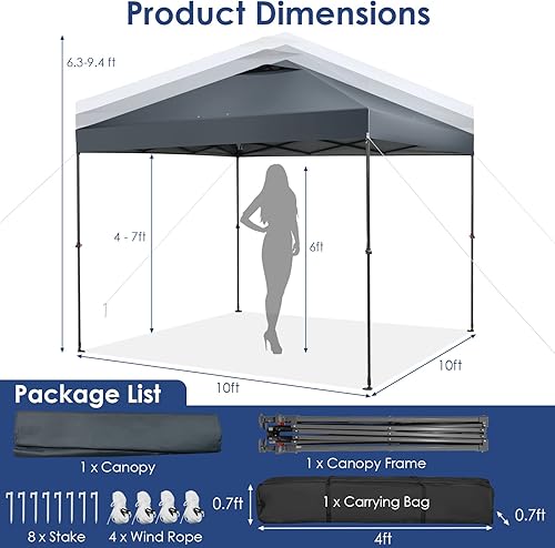 Miniatura 7 de Tangkula Toldo desplegable de 10 x 10 pies, tienda de campaña instantánea para 1 persona con bloqueo central, bolsa de transporte, pies giratorios,