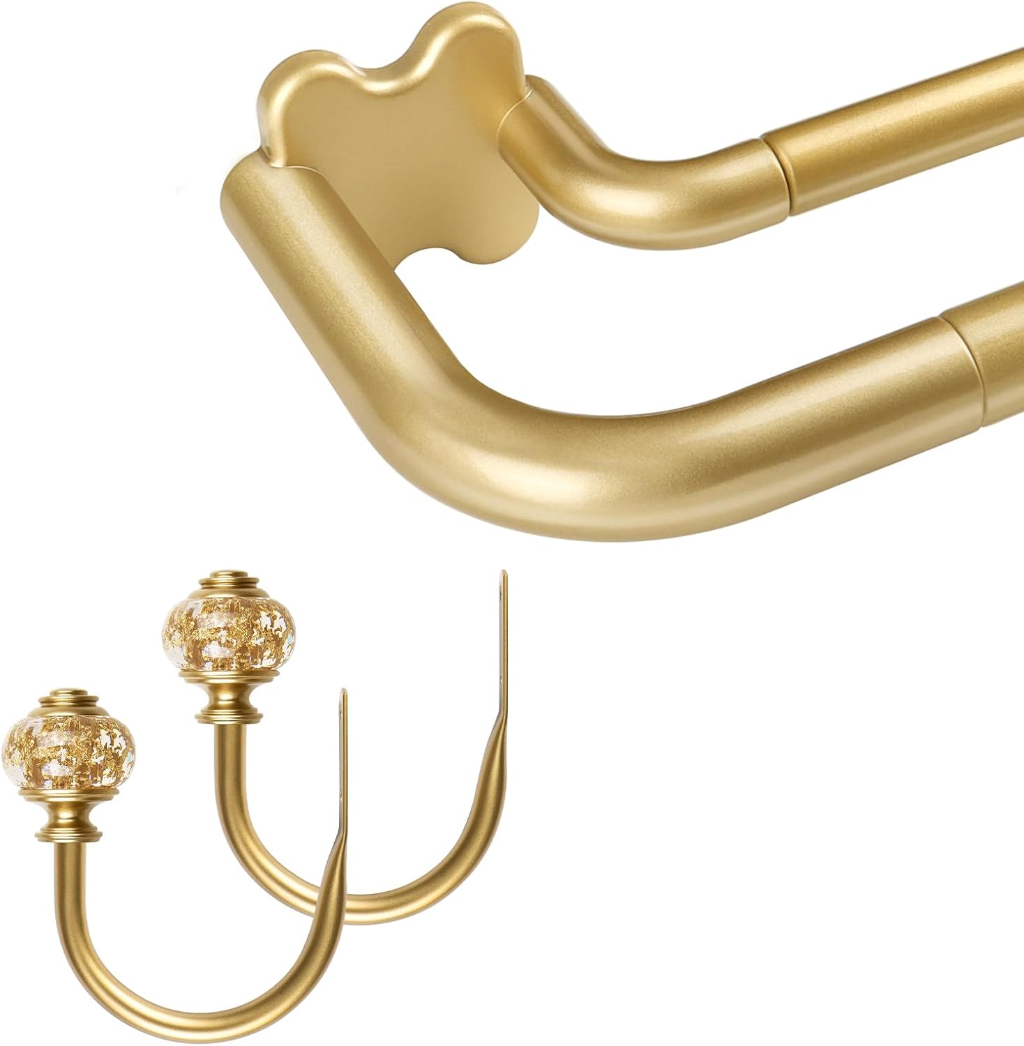Gold Around Double Curtain Rods 32 to 115 and 2 Pack Curtain Holdbacks with Gold Translucent Finials(Bundles)