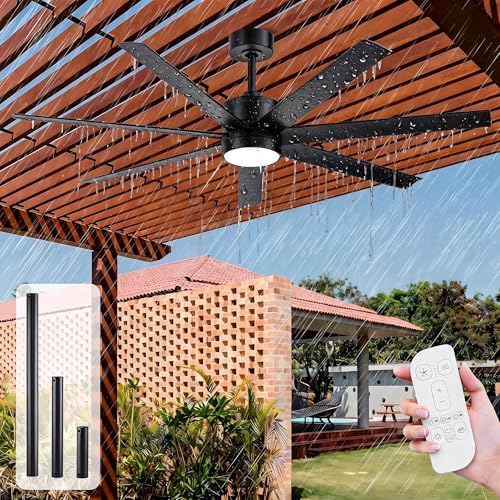 All Weather Wet-Rated Outdoor Ceiling Fan with Lights Waterproof for Patio, 56 Inch High CFM Black Outdoor Fan with UV Coating 7 Blades for Large Exterior indoor Gazebo Terraces, Porch, Commercial