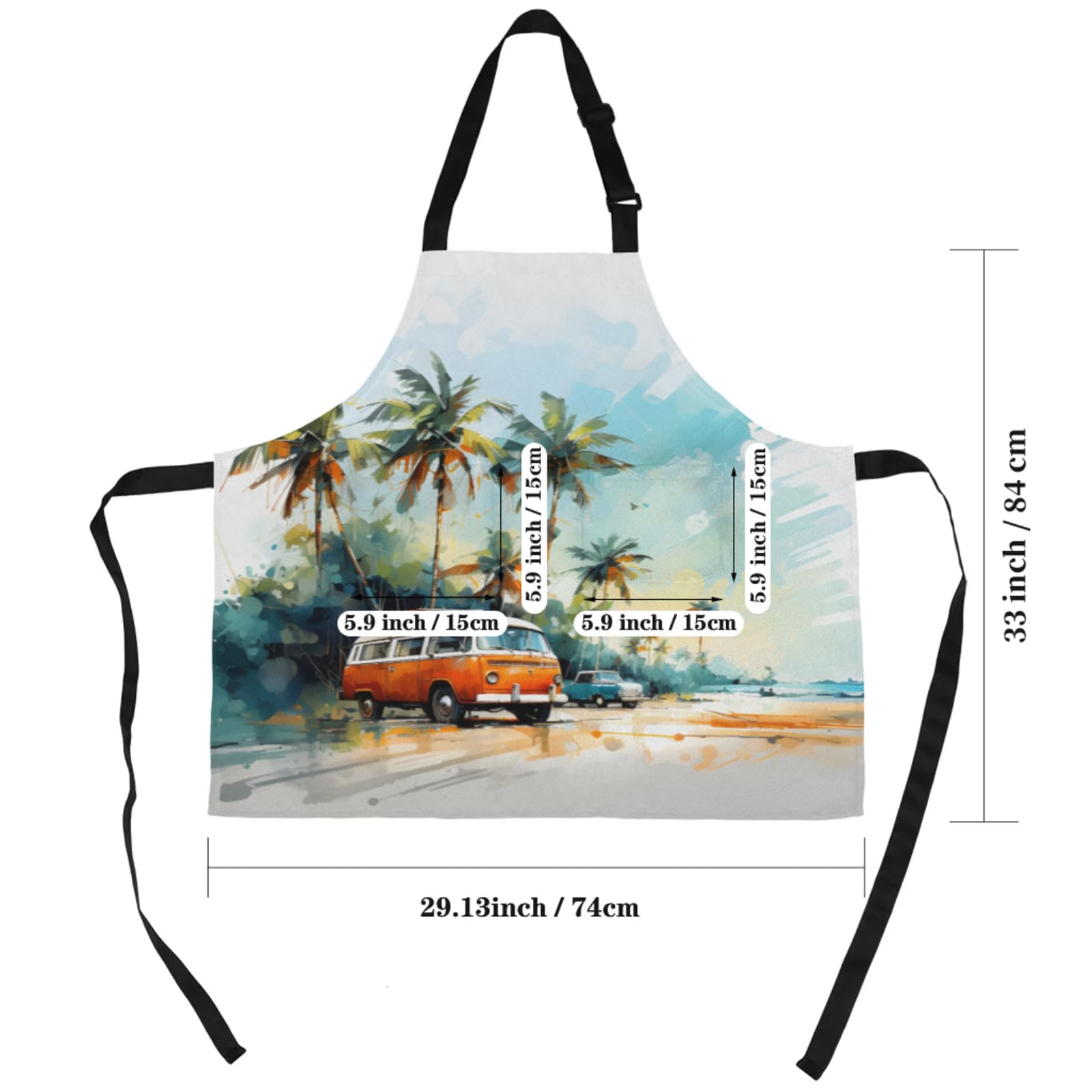 Aglebo Watercolor Car Coconut Tree Chef Apron with Pockets Adjustable Shoulder Strap Waterproof Cooking Apron for Kitchen Baking Gardening Pottery Painting