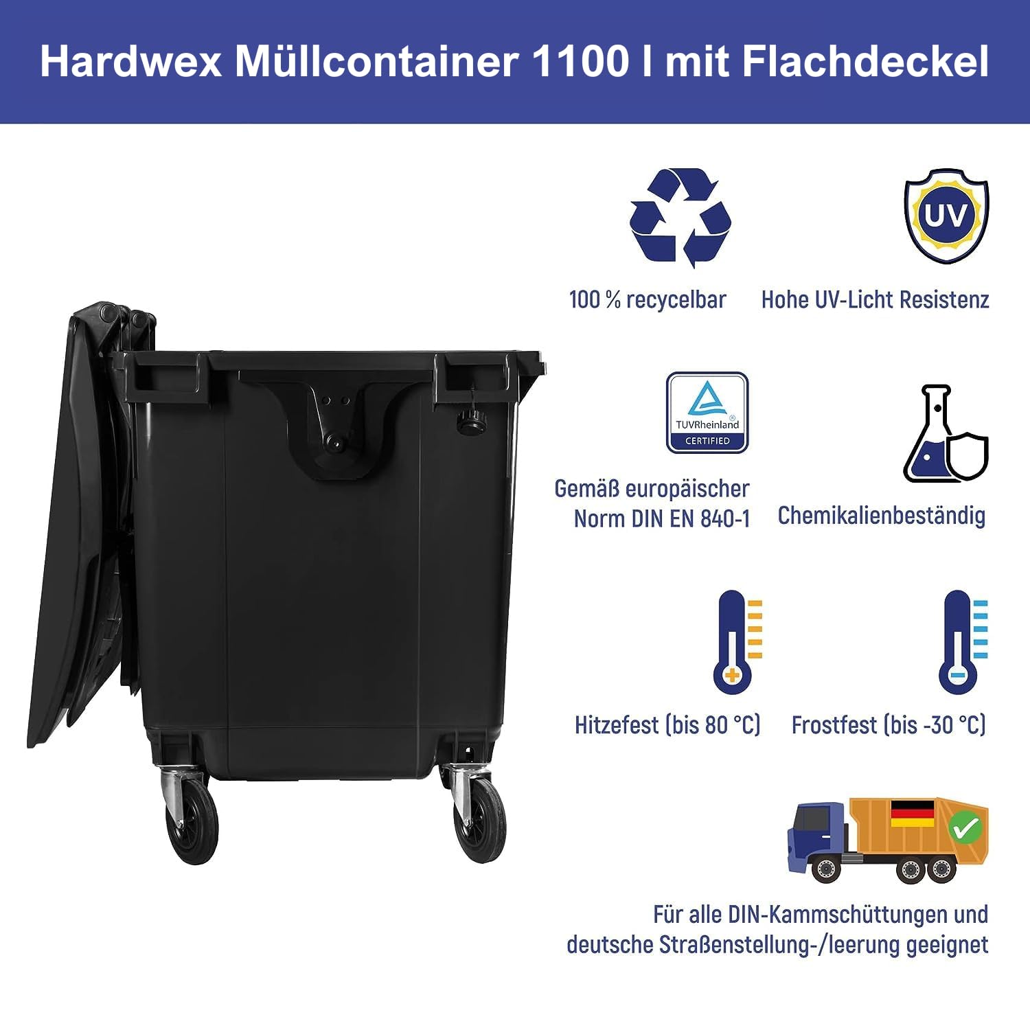 Hardwex Müllcontainer mit 4 Rädern mit Flachdeckel, Müllgroßbehälter, Abfalltonne, Mülltonne, Volumen: 1 100 Liter, Farbe: Blau, Größe: 1 344 x 1 370 x 1 070 mm