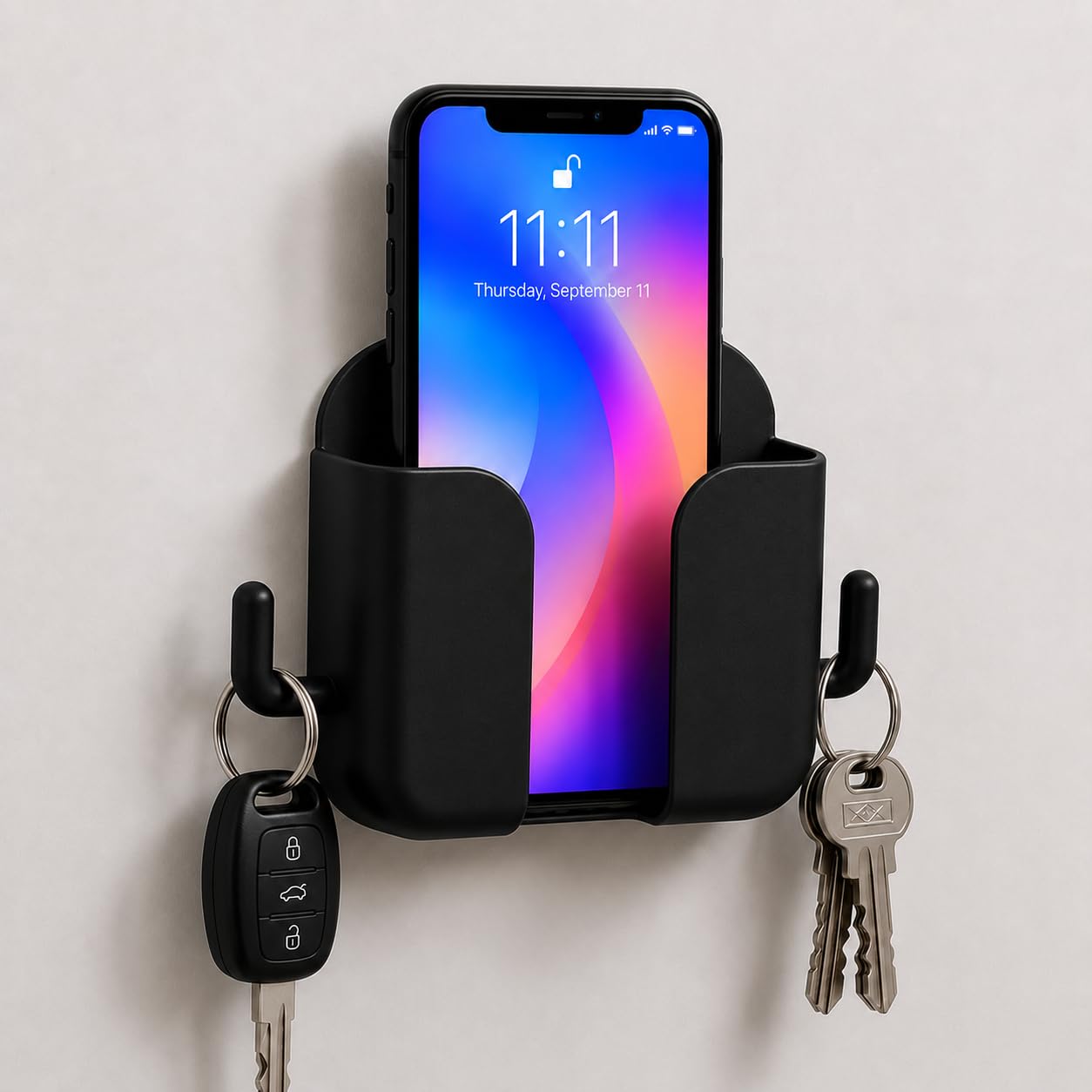 1 Pcs Mobile Stand for Wall | Wall Mounted Phone Holder with Dual Hooks | Self Adhesive Mobile Charging Stand | Wall Phone Holder for Charging, Key, Remote Storage for Office & Home, Black-image-28