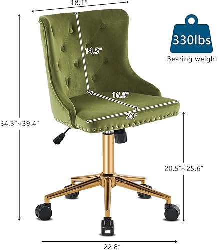 Miniatura 2 de VINGLI Silla de escritorio de oficina sin brazos de terciopelo verde oliva con base doradaruedas, pequeña silla de tocador y maquillaje con respaldo