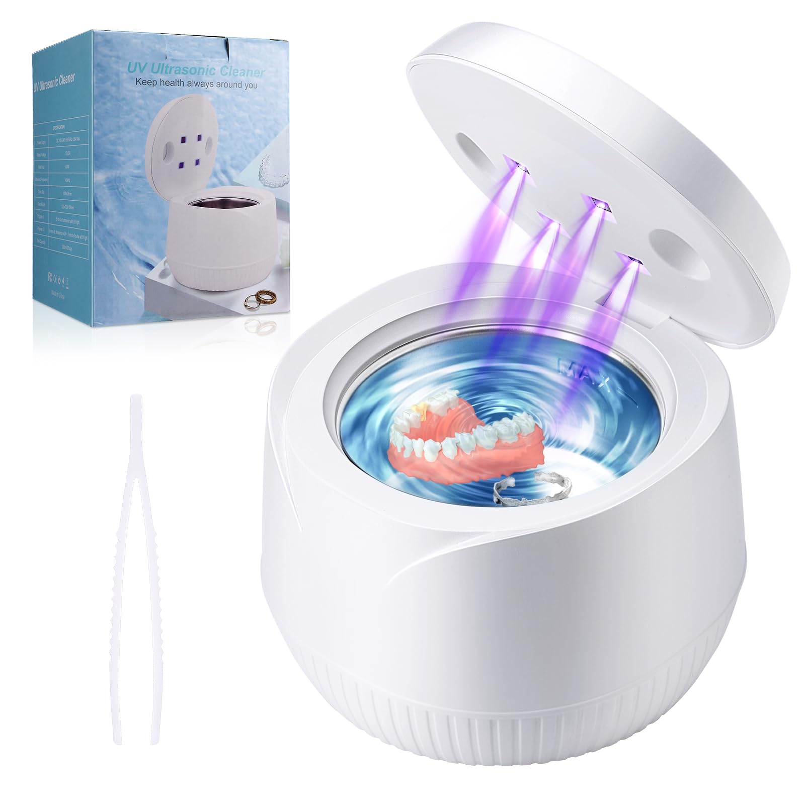Coikes Limpiador Ultrasónico UV 45 kHz Limpiador Ultrasonidos Dental para Dentaduras Postizas, Alineador, Retenedor Joyería De La Máquina De Limpieza Para Joyas Todos los Aparatos Dentales (A-Blanco)