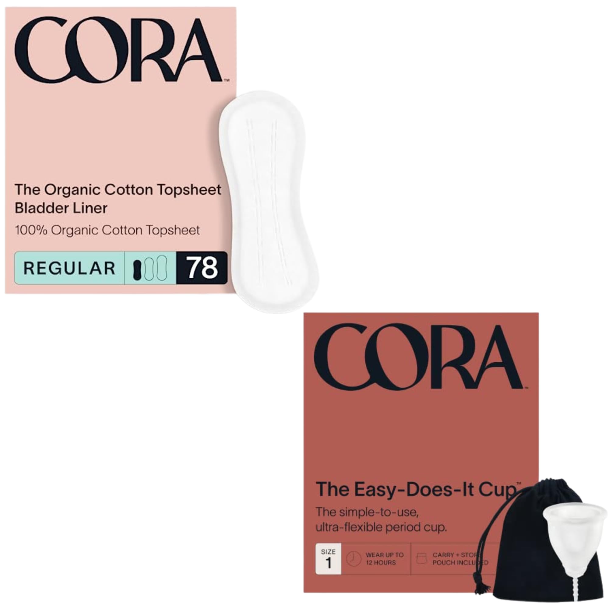 Cora Organic Feminine Care 78 Regular Bladder Liners Incontinence Postpartum Pads and a Menstrual Period Cup Medical Grade