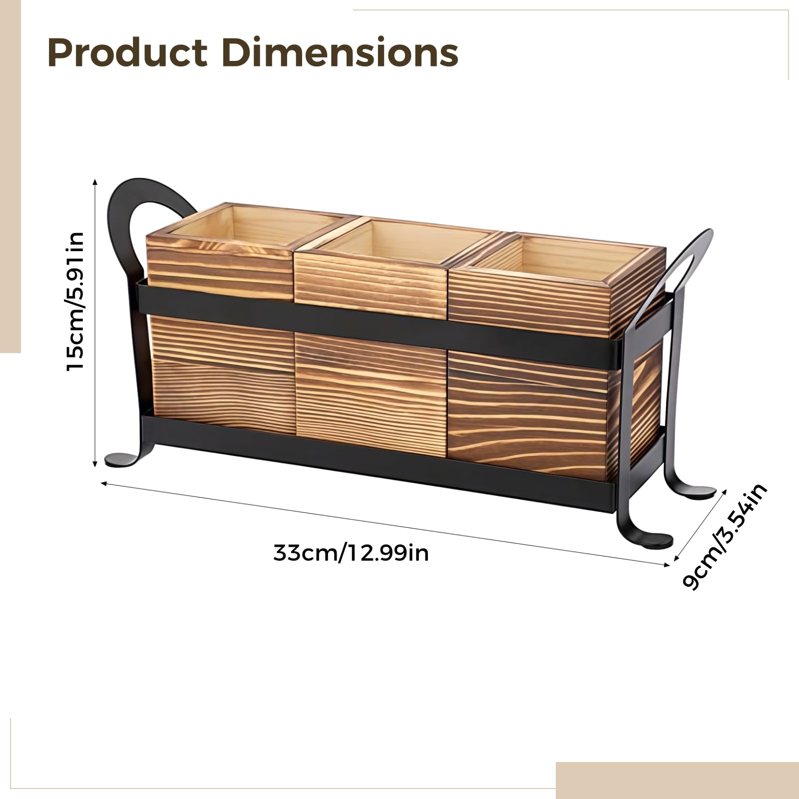 Drewniany pojemnik na sztućce z 3 sekcjami, metalowa rama, nowoczesny organizer kuchenny z bocznymi uchwytami, 13 x 3,5 x 5,9