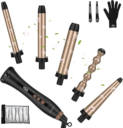 Miniatura 9 de Prizm Juego de rizadores con abrazadera, 5 varillas rizadoras intercambiables, varita para el cabello 11 LCD de temperatura ajustable, 0.75 a 1.25