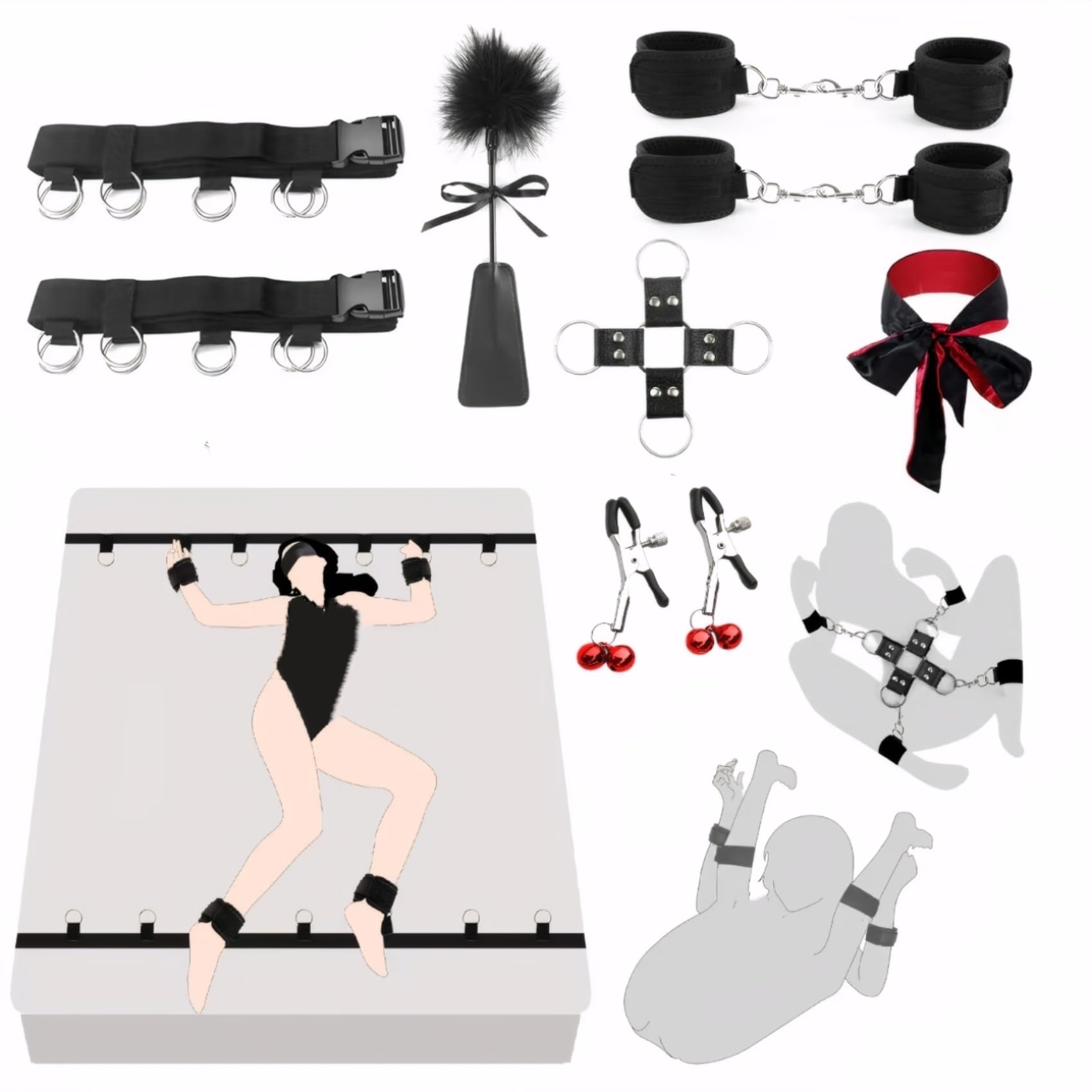 Sex Bondage Restraints BDSM Toys Kit, Couple Sex Toys Bed Restraints with Sex Straps Cuffs Blindfold Nipple Clamp Tickler, Under King/Queen Bed Romance Straps Bondage Gear&amp;Accessories for Couples Game