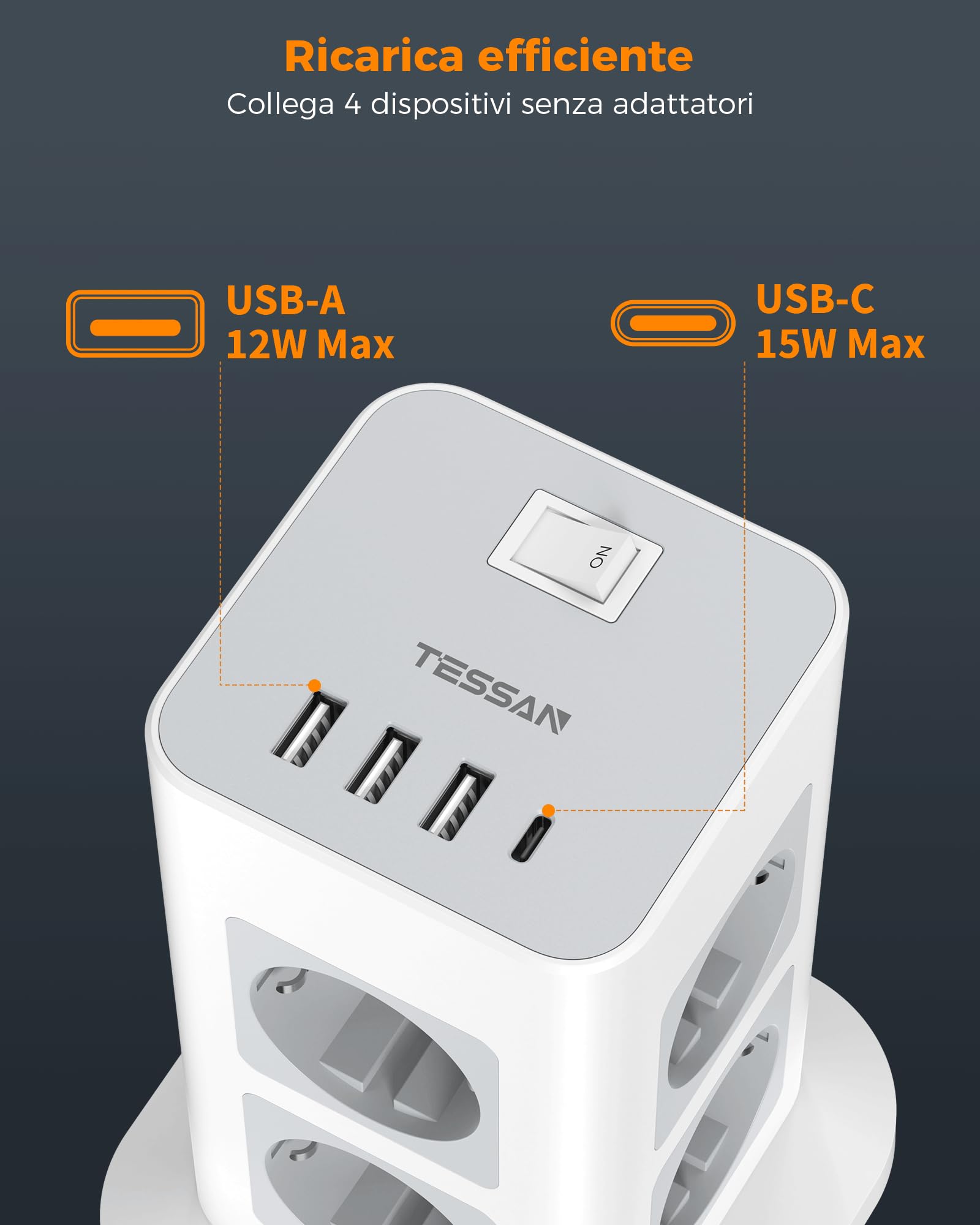 TESSAN Ciabatta Multipresa con 4 USB, Multi presa Elettrica 10 Metri, Presa Protezione Sovratensione con Interruttore