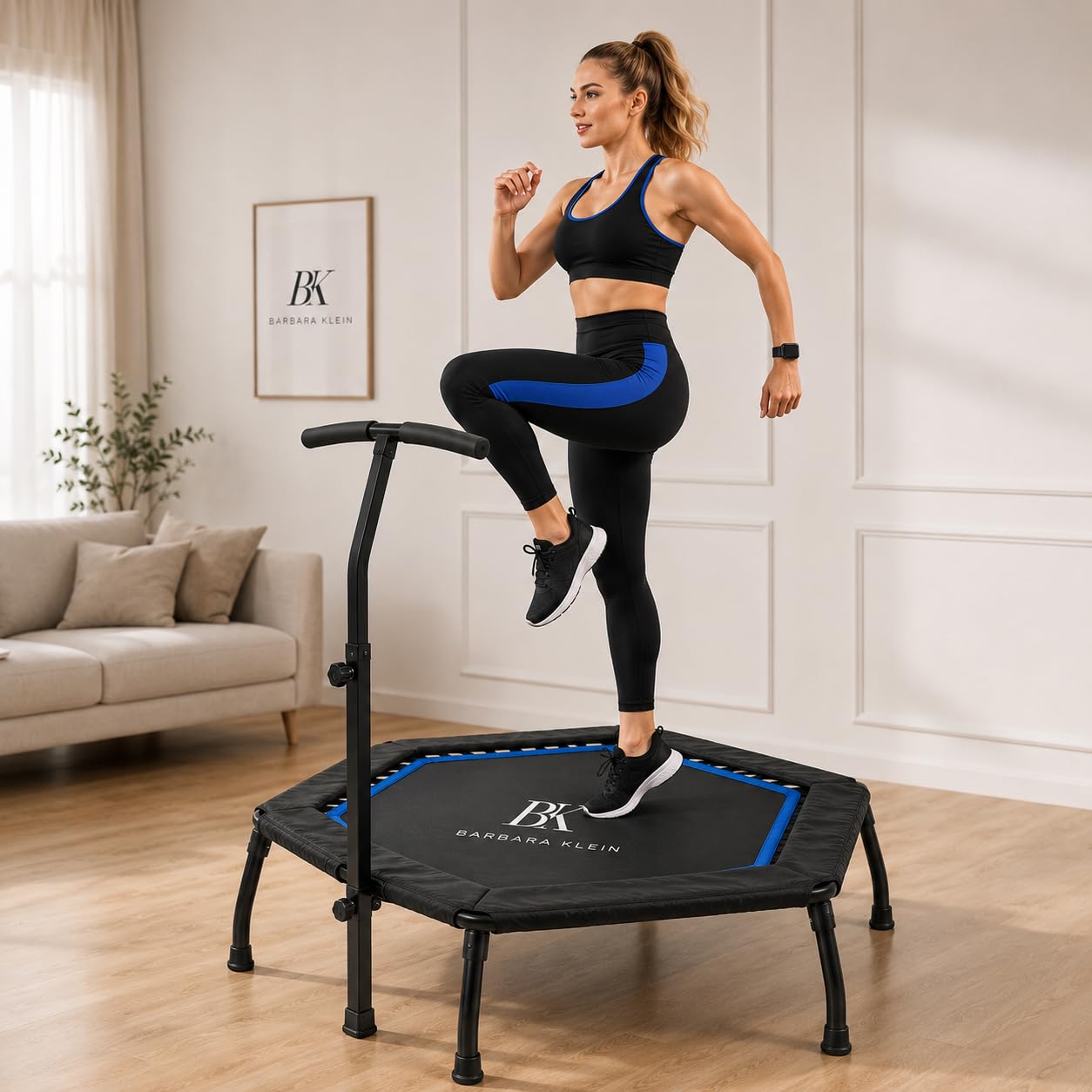BK Barbara Klein Fitness Trampolin 133 cm mit Haltestange, 42 Gummiseile, Hexagon Rebounder, 100 kg Belastbar, Höhenverstellbar Indoor Heimtraining