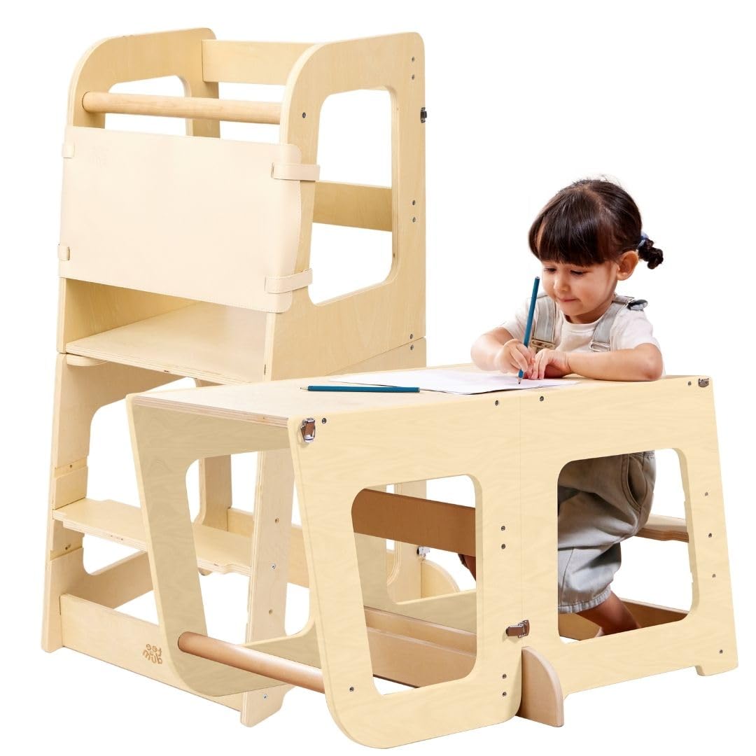 Torre de Aprendizaje Montessori para Niños Convertible en Escritorio – Torre de Observación de Madera para Niños de 12 Meses a 6 Años (Madera Natural)