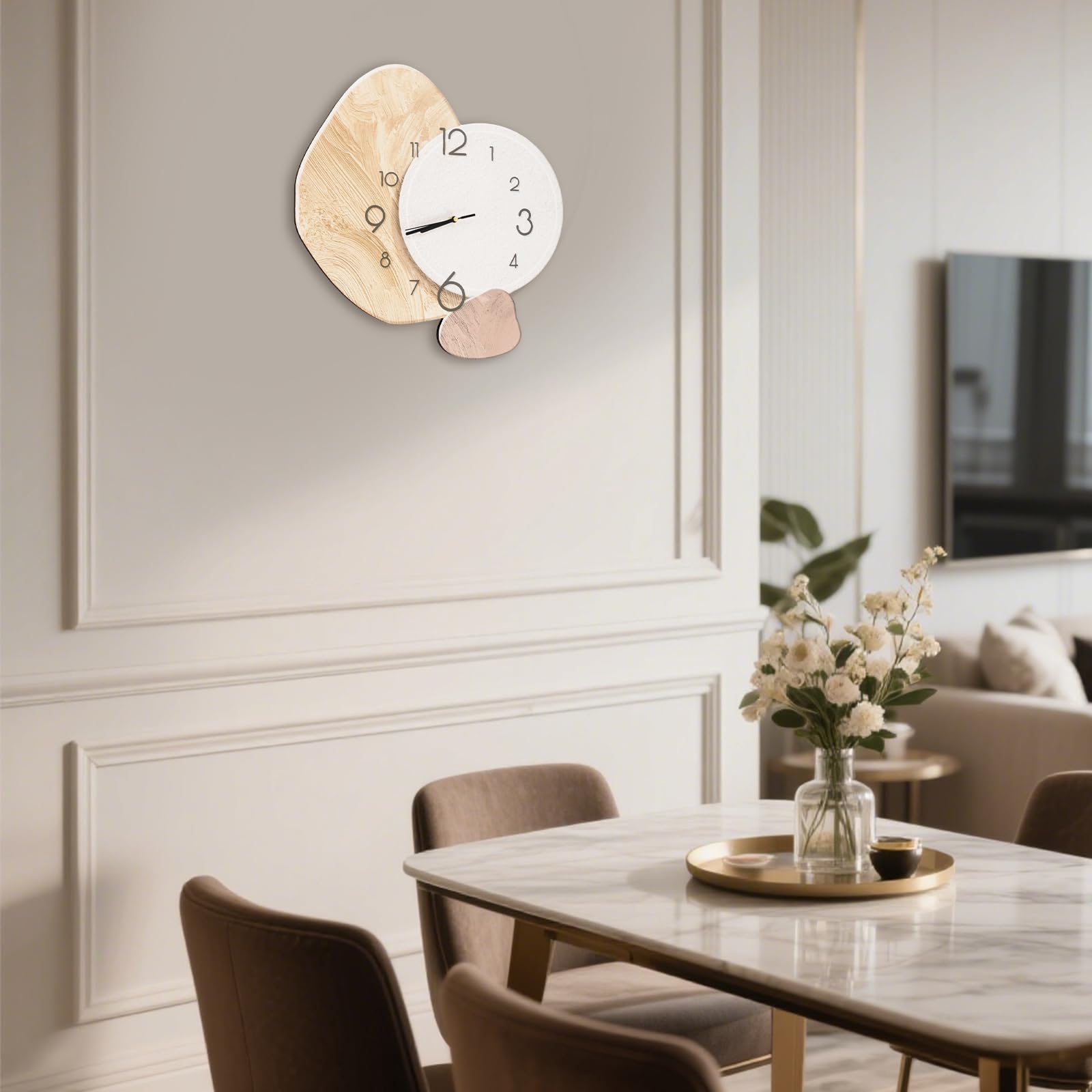 Kreative Wanduhr 40x37cm, Unregelmäßige Moderne Uhr, Gold+Weiß | Moderne Design Wanduhr mit Quarzwerk, Mid-Century-Stil Dekoration für Schlafzimmer, Wohnzimmer, Kreative Räume