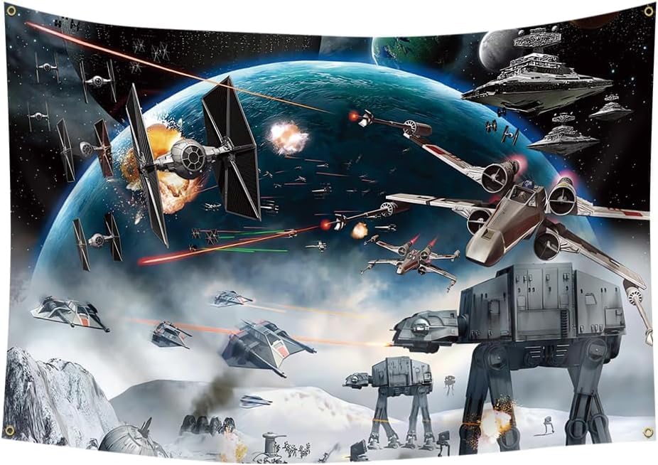 4x6FT Outer Space Galaxy Wars Kids Birthday Decorations Banner Tapestry Photo Backgrounds Party Supplies Black Stars Science Fiction Polyester Backdrop 4 Gromments Heavy Duty Durable 150D