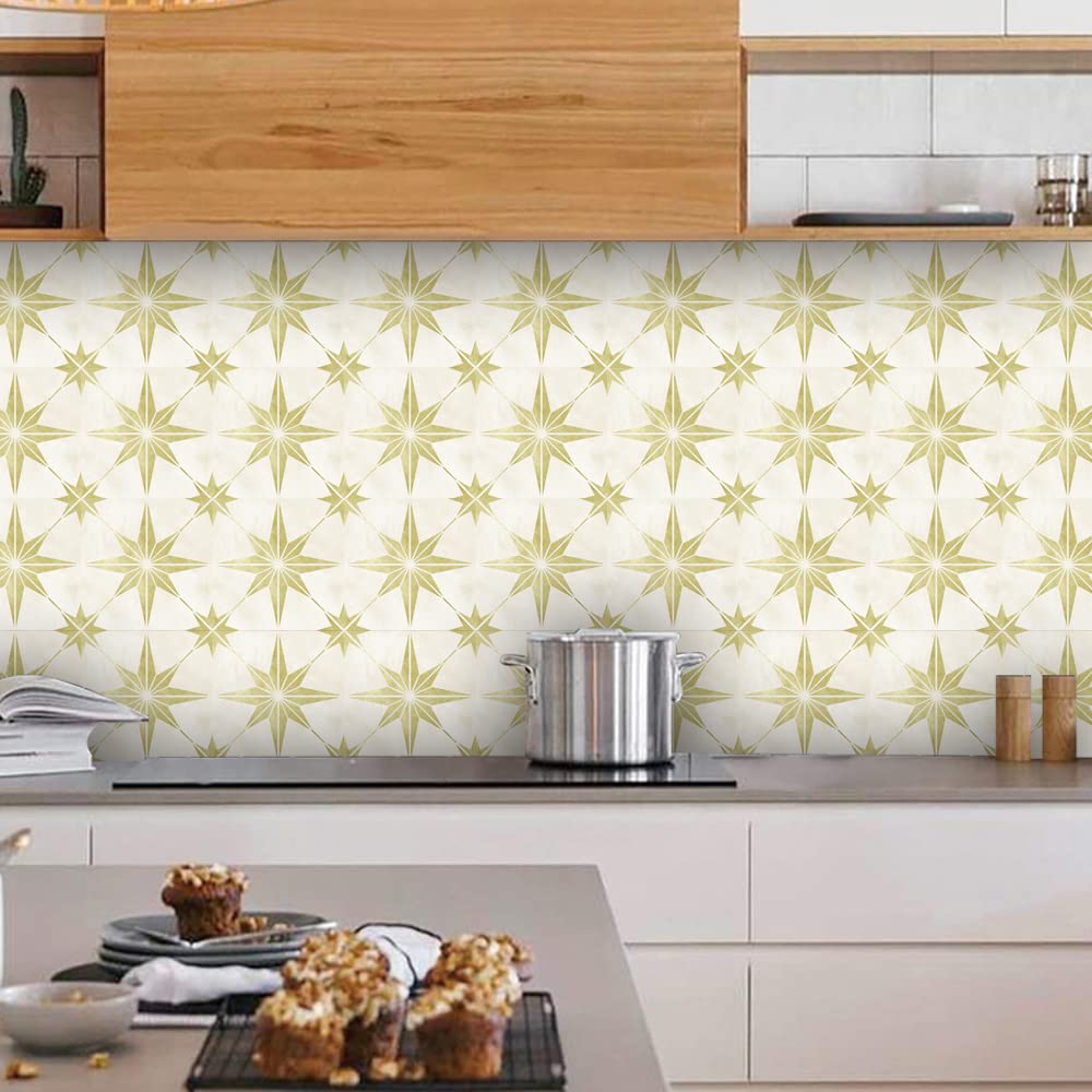 Tile Stickers 15x15cm Beige Yellow Star Self Adhesive Tiles Waterproof Stick on Home Decor for Kitchen Bathroom Wall (20 Pcs)