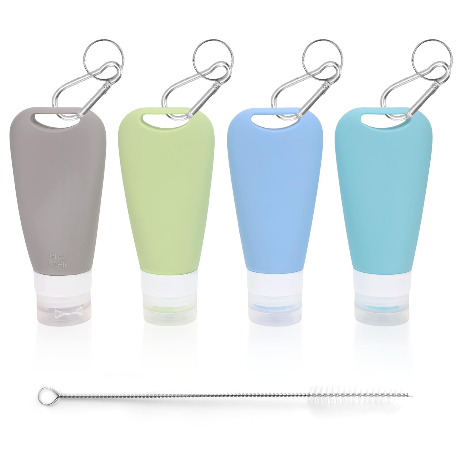 Set di 4 bottiglie da viaggio in silicone, da 90 ml, a prova di perdite, ricaricabile, da viaggio, con moschettone e spazzola per la pulizia, forniti per il riempimento di shampoo, lozione ecc