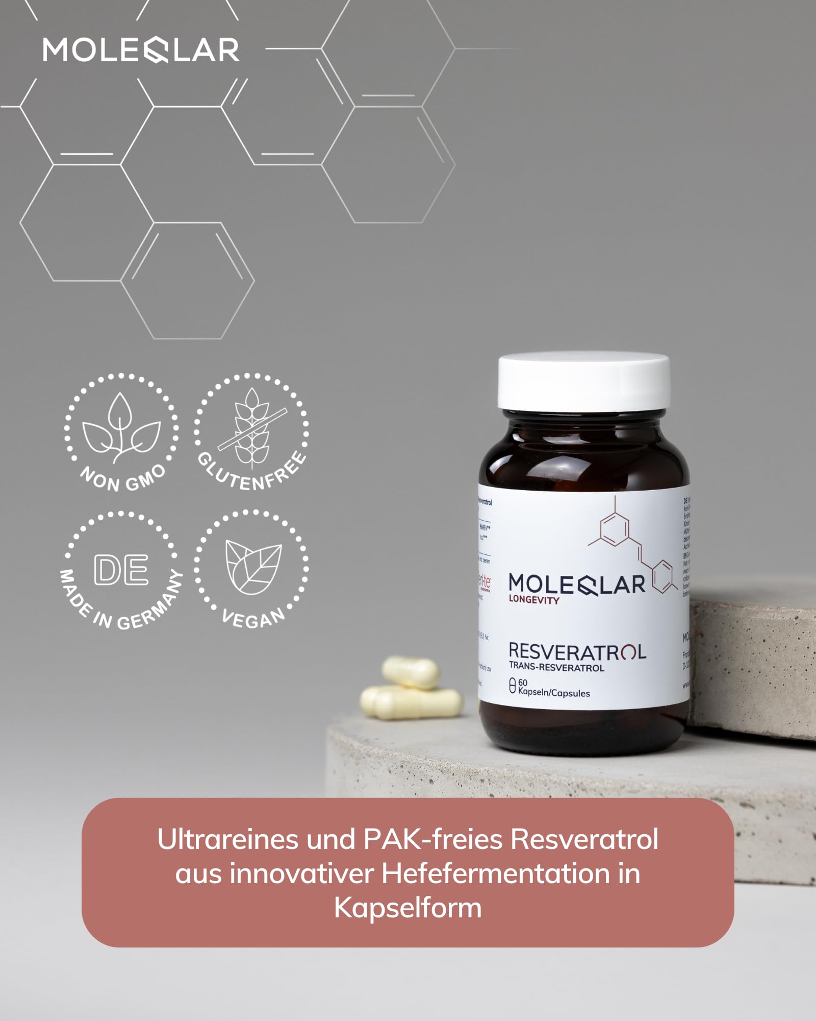 MoleQlar Resveratrol Kapseln 60 Stück - Nahrungsergänzungsmittel aus innovativer Hefefermentation - 500mg Resveratrol pro Kapsel - über 98% Reinheit - Veri-te Markenrohstoff
