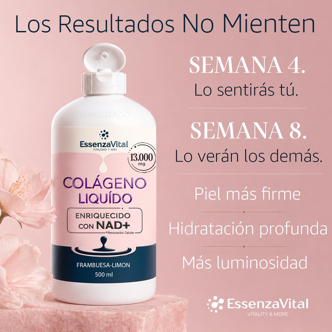 Colágeno Hidrolizado Líquido 13.000mg con NAD+ y Ácido Hialurónico para Mujeres - Bebible 13g por Dosis - Piel, Cabello y Uñas - Sabor Frambuesa-Limón - EssenzaVital Suplemento de Belleza 500ml (1Mes)