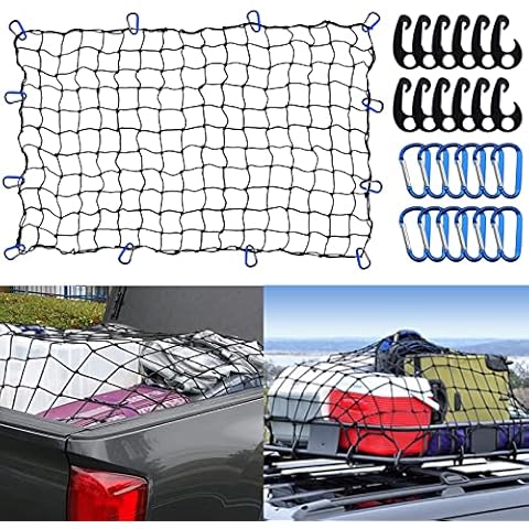 Funmit 4 x 6 Ft Cargo Net for Pickup Truck Bed with 24 Carabiners Stretches to 8' x 12' Small Mesh Luggage Bungee Cargo Netting Cover