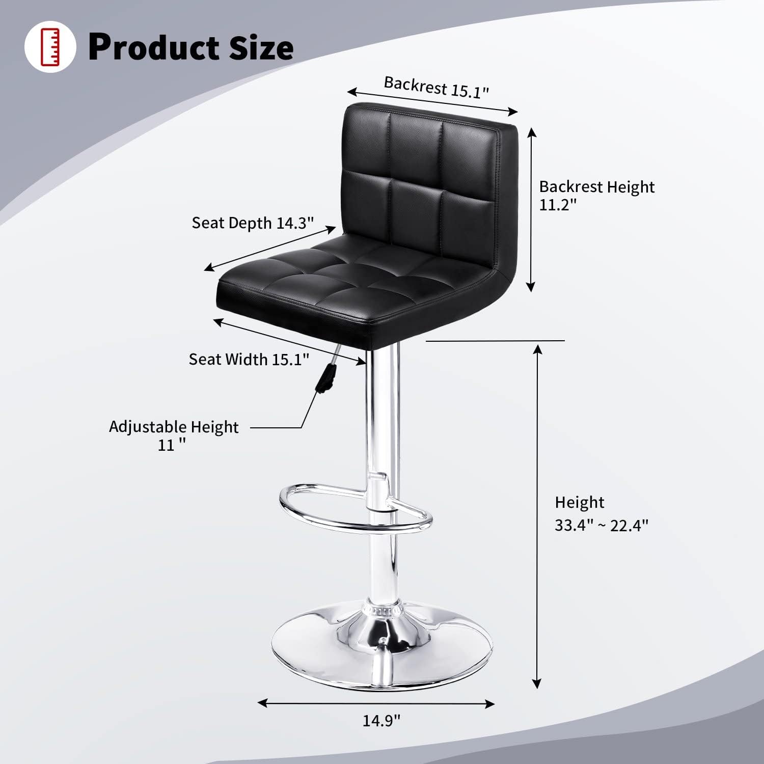 Barstool Set of 2 PU Leather Height Adjustable | Bulk Continental | Swivel Bar stools, Hydraulic Kitchen Counter Square Island Bar Stool with Back - Black