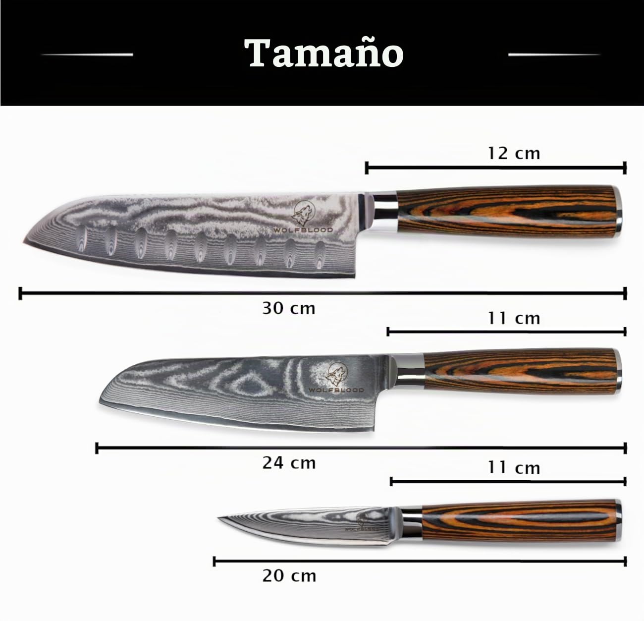 Wolfblood set de 3 cuchillos Santoku de acero Damasco 67 capas (30, 24 y 20 cm) | Cuchillos profesionales de cocina VG10 | Santoku, cuchillo pelador, caja de regalo y protector de hoja