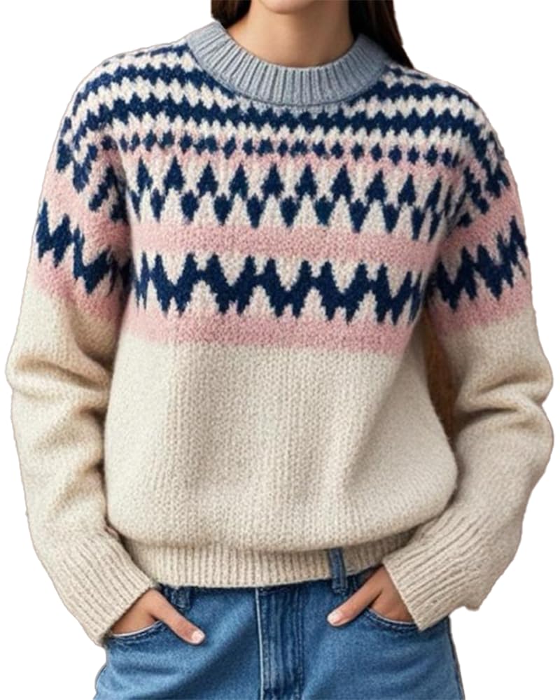 Womens Fair Isle Sweaters Vintage Argyle Iceland Norway Sweater Colorful Crew Neck Long Sleeve Pullover Jumper Tops