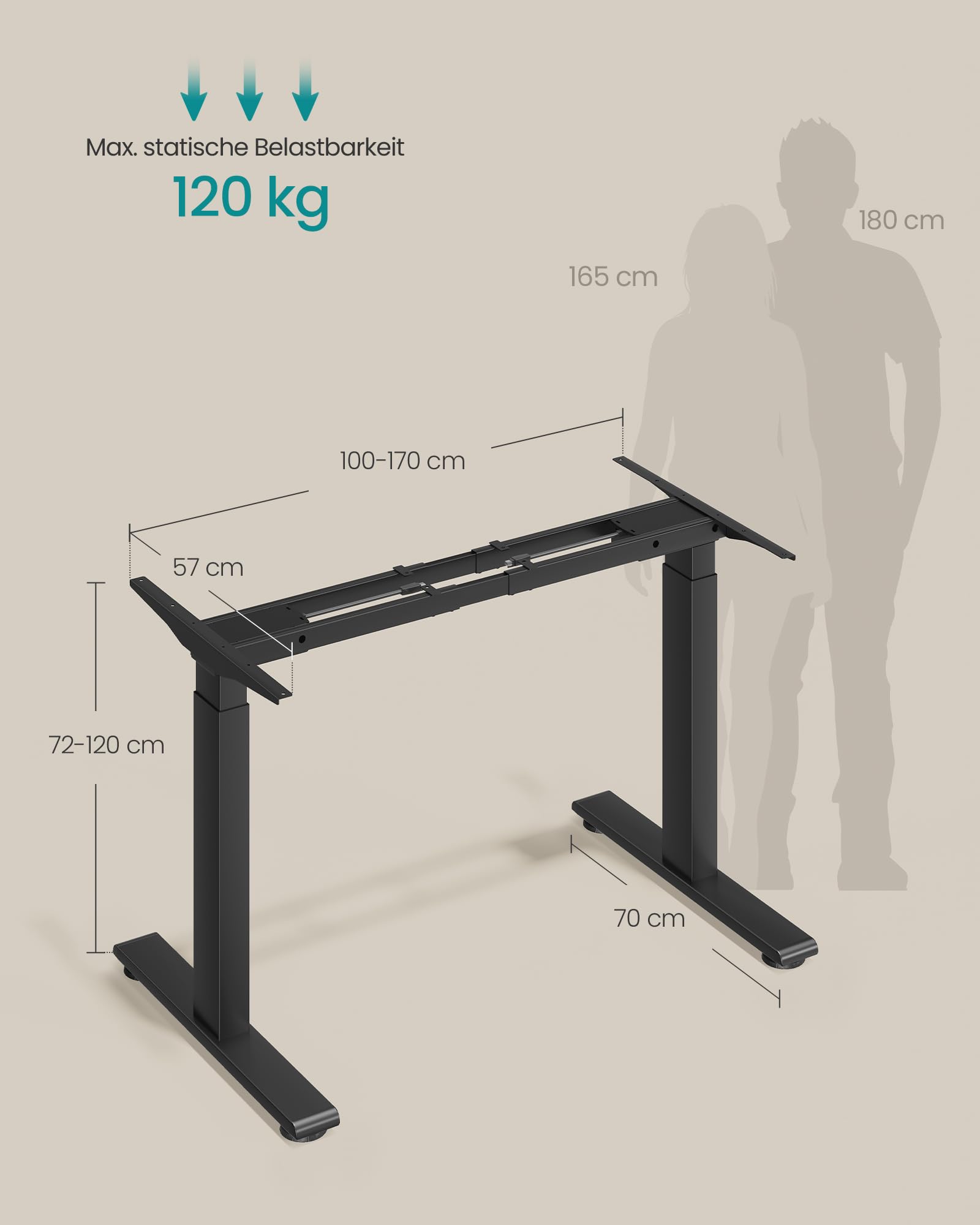 SONGMICS Höhenverstellbarer Schreibtisch Gestell, Elektrische Schreibtischgestell mit 2 Motoren, 4 Memory-Tasten, Stahl, (100-170) x 70 x (72-120) cm, Schwarz, Belastbar bis 120 kg, LSD019B01V3
