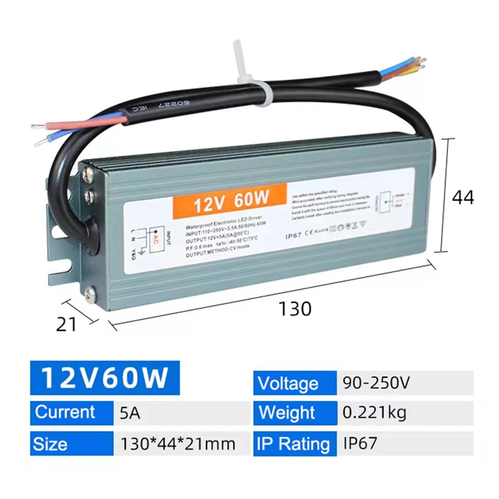 Alimentatore LED impermeabile IP67, adattatore trasformatore ultrasottile AC-DC 12V 24V, 100W 150W 200W 300W 400W(200W 220V Input,12 V)