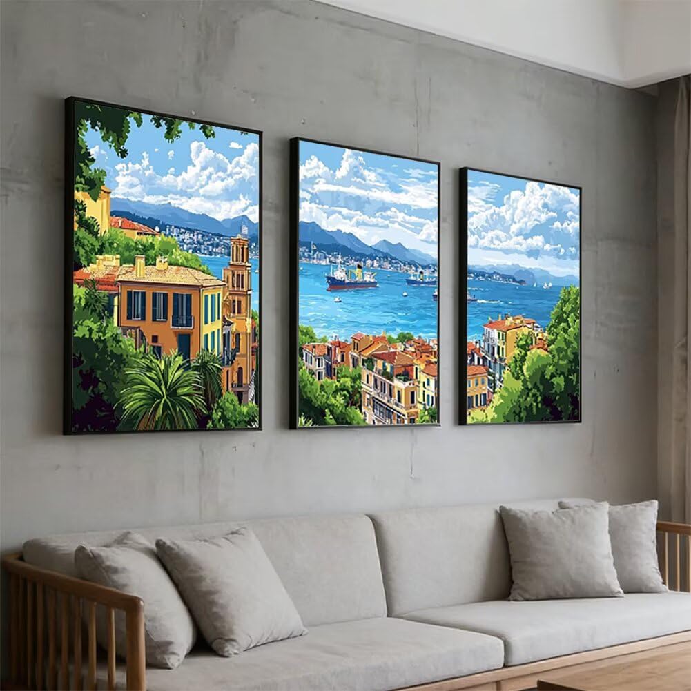 Wandbilder Italien 60x80cm, 3Pcs Leinwand Bilder Groß Wanddeko Wohnzimmer, Meer Leinwand Bilder mit Rahmen, Moderne Wandbilder Wohnzimmer Poster Set mit Haken, Wanddeko Schlafzimmer Poster Set, -2126