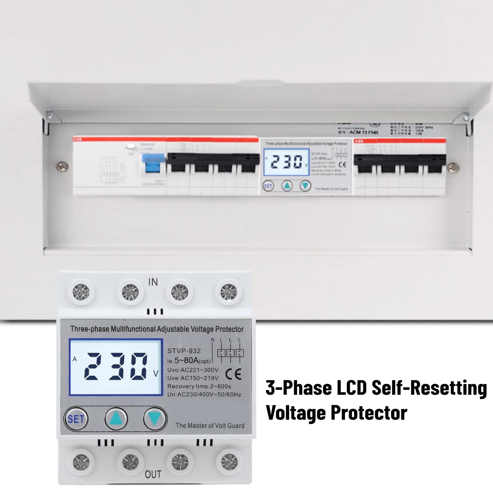 Protezione di Tensione Regolabile LCD Trifase Multifunzione Ripristino Automatico 230 V/400 V CA Protezione da Sovratensione Sottotensione Dispositivo di Protezione Della Tensione(50A)