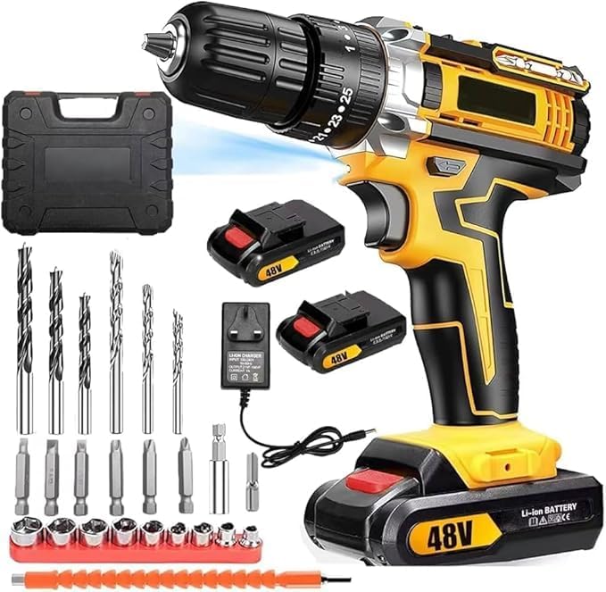 48V Cordless Drill, 3/8" Power Drill Set with 2 Lithium-Ion Batteries, Variable Speed Electric Drill with 19 Torque Settings and 24-Piece Drill/Driver Accessory Kit (Black & Yellow)