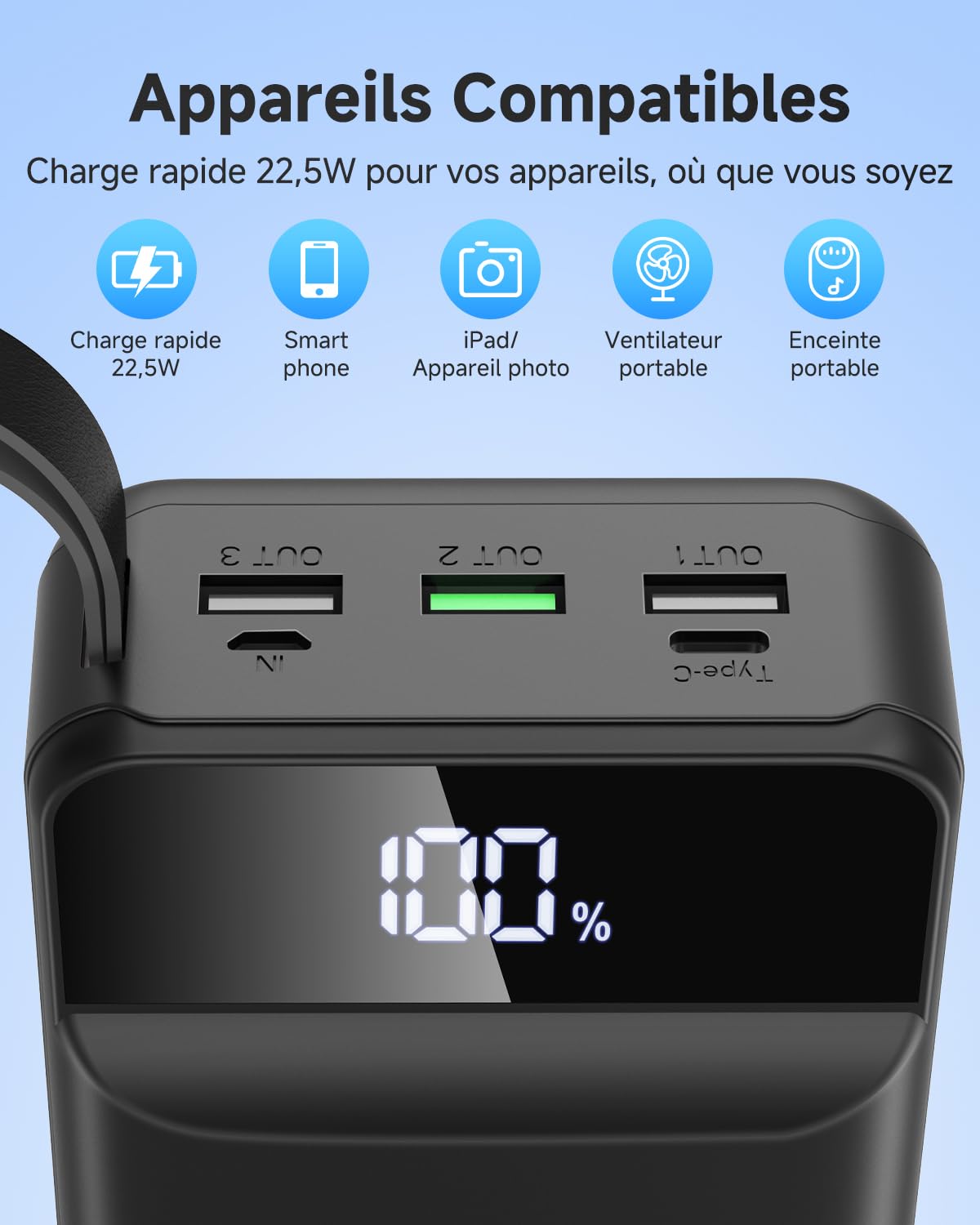 60000mAh Batterie Externe Charge Rapide, 22,5W Power Bank Chargeur Portable avec Écran LED, 4 Sorties et 2 Entrées Compatibles avec Smartphone, Tablettes, etc （Noir）