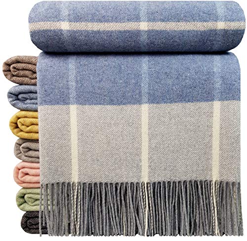 Coperta in cashmere, 100% lana, 140 x 200 cm, coperta a quadri, molto morbida, plaid “Faro”, Lana, Blu chiaro-grigio (Karo)