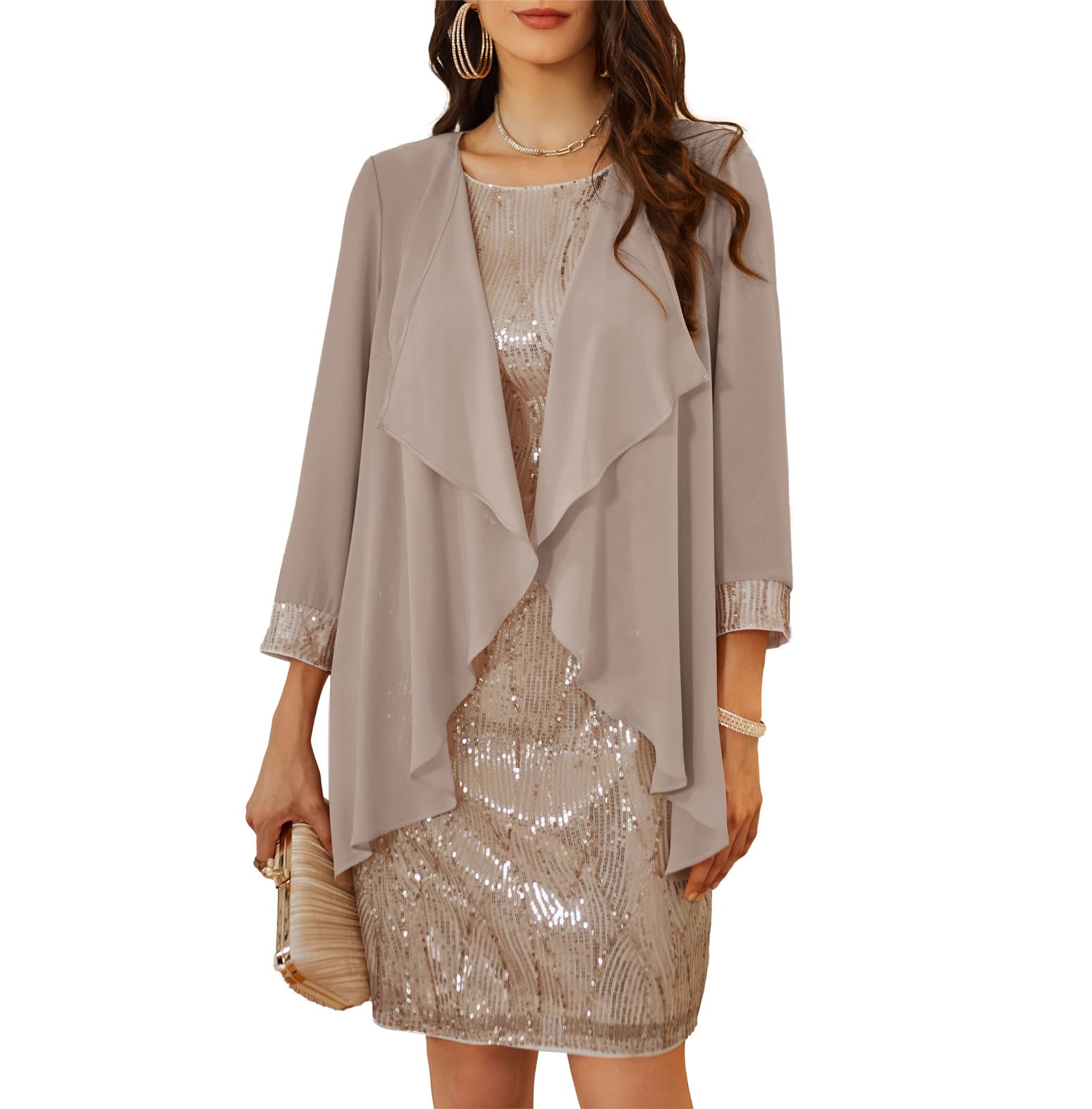 GRACE KARIN - Abito elegante da donna senza maniche con scollo rotondo, paillettes, completo in due pezzi con cardigan in tulle, abito da sera per feste