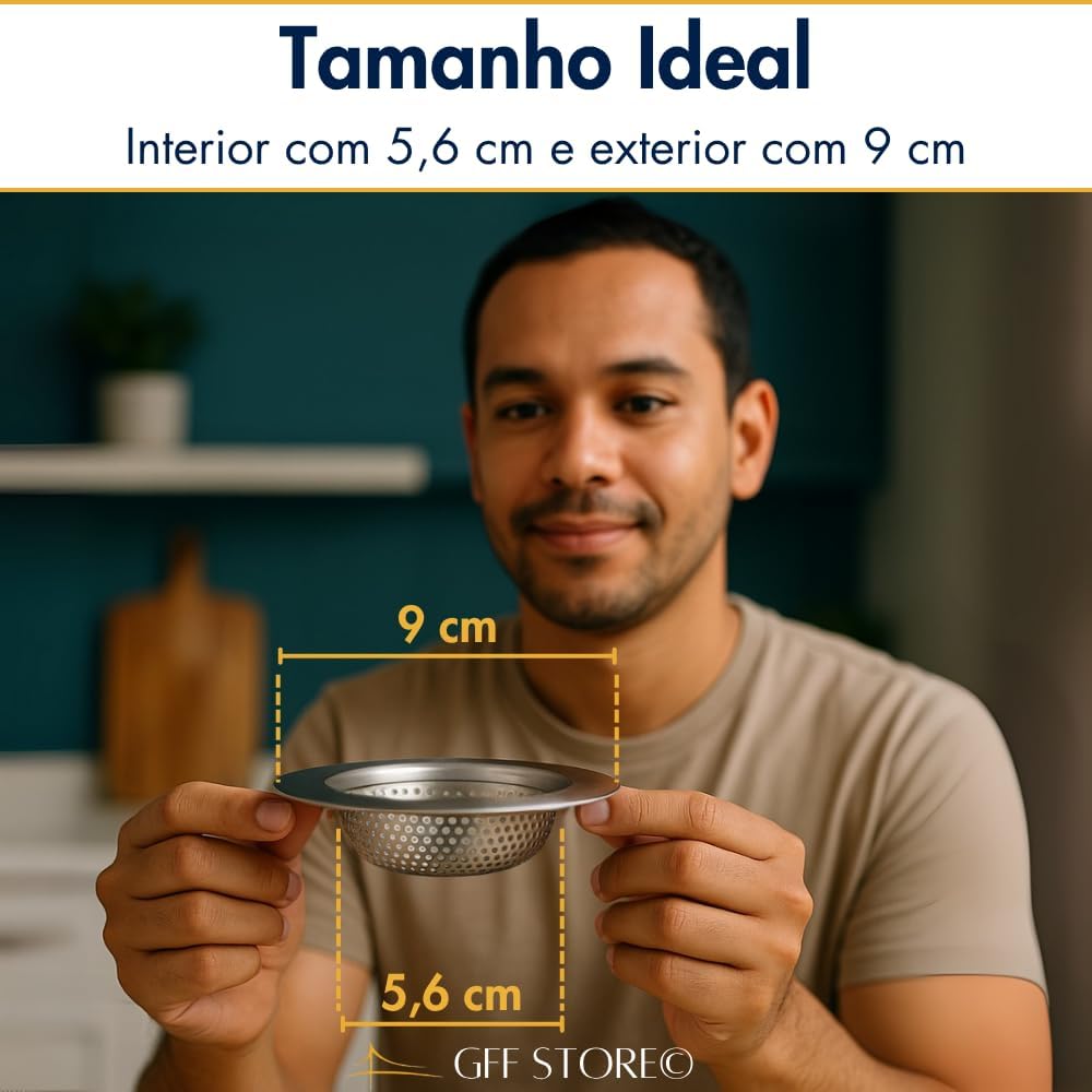 Ralo de Pia Inox 9cm Reforçado Antientupimento Alta Durabilidade Não Enferruja Fácil de Limpar Ideal para Cozinhas e Tanques Segura Sujeiras Design Moderno e Higiênico