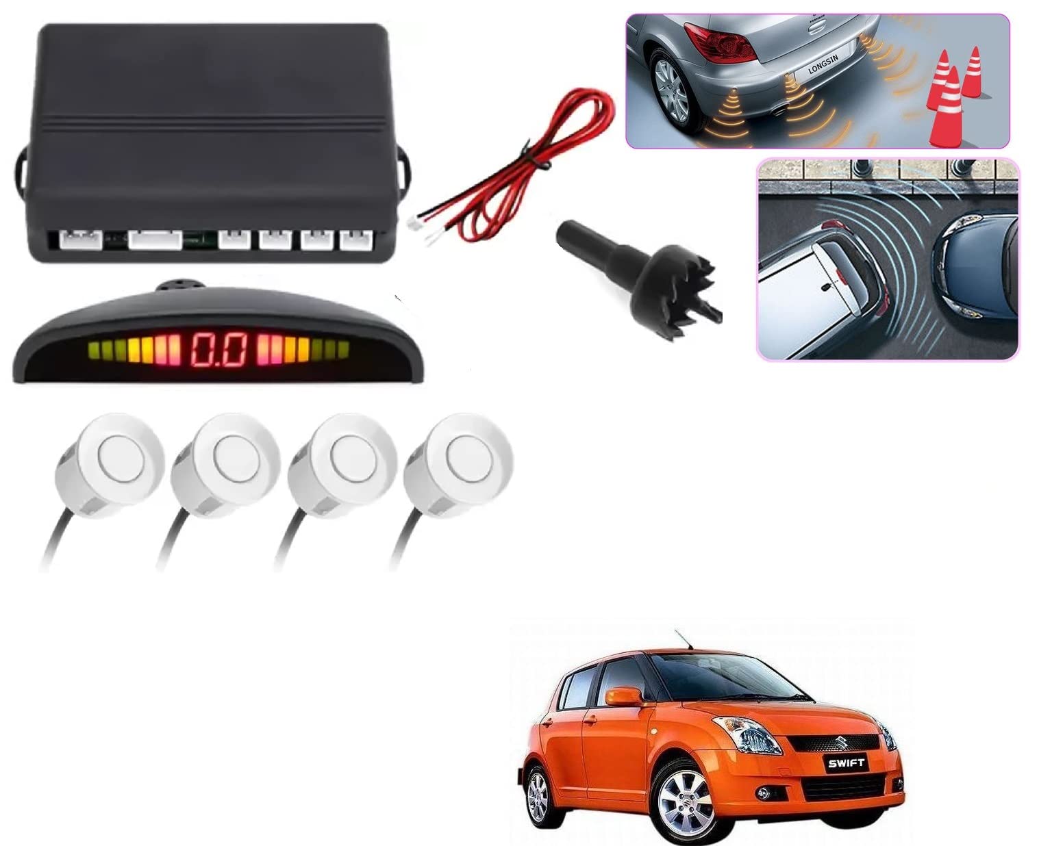 Auto Addict Car Reverse Parking Sensor with LED Display 4 Sensor Reverse Parking Auto Radar Detectors (White) for Maruti Suzuki Swift Old Type-1 (2005-2011)-picture-35