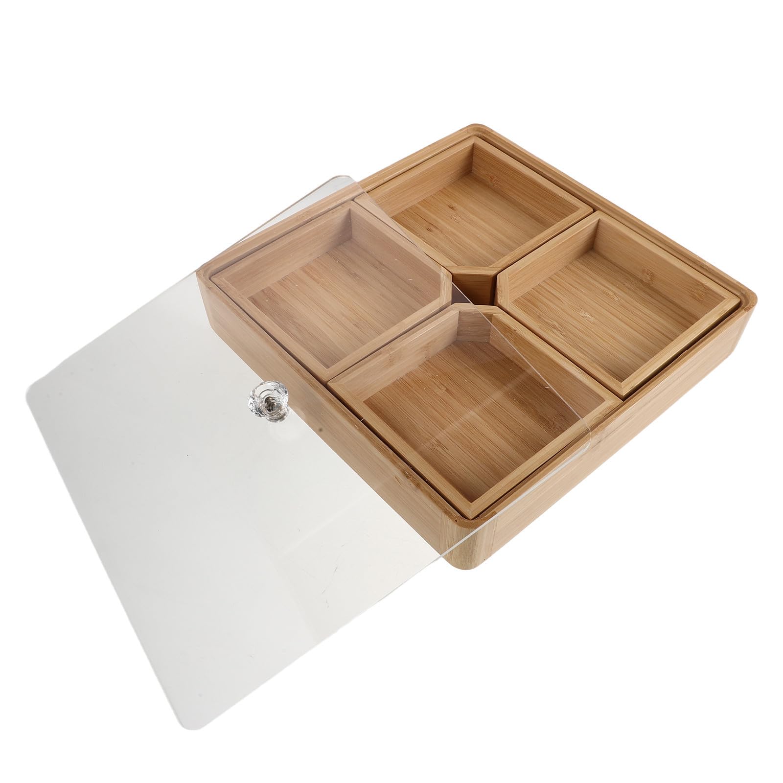 Plateau à Noix en Bambou Design Compartimenté à 4 Sections Amovibles avec Couvercle en Acrylique Transparent pour Décoration Intérieure Cuisine Réutilisable