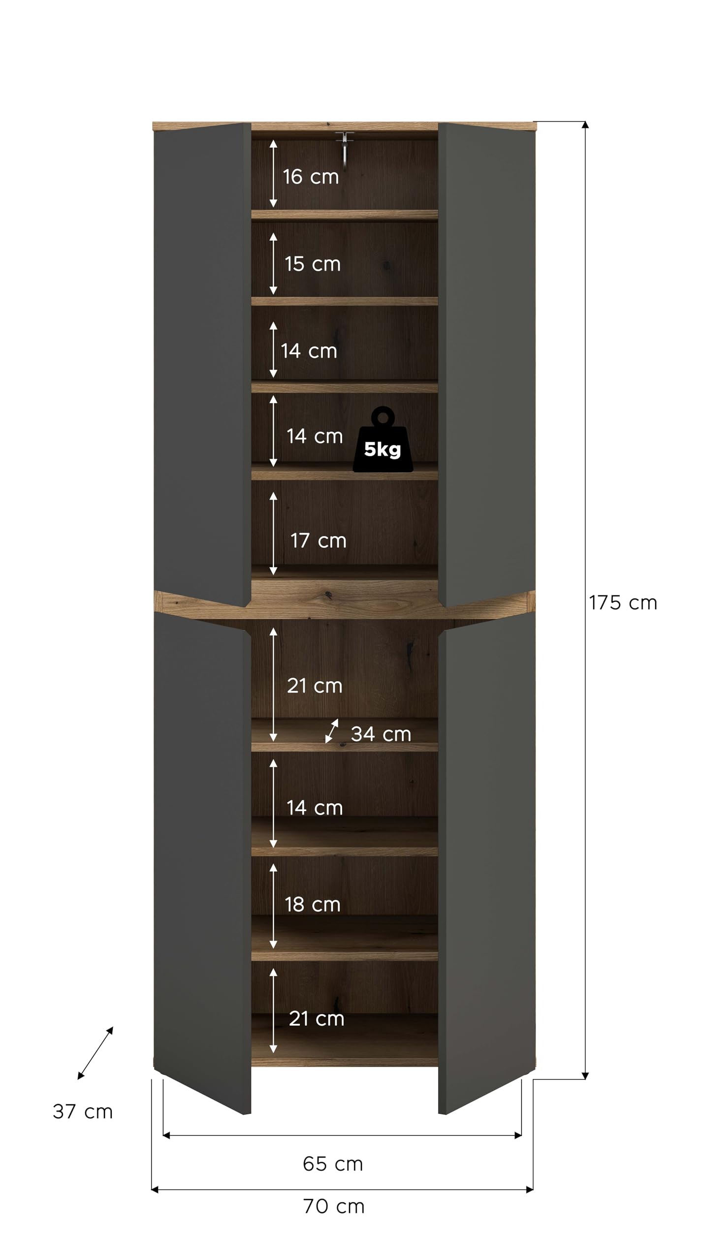 xonox.home - Universalschrank Scarpa 70x175x37cm in Front anthrazit Korpus Evoke Oak - Mehrzweckschrank Schrank Hochschrank Haushaltsschrank