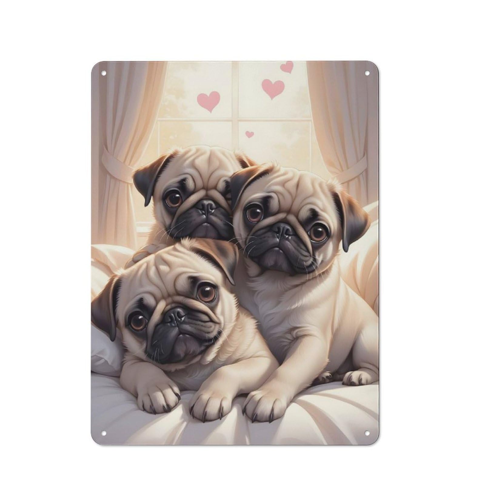 Metal Plaque 40x30cm with Pug Puppies for Hallway Wall, Rustic Decor, for Garage, Workshop And Man Cave Decoration