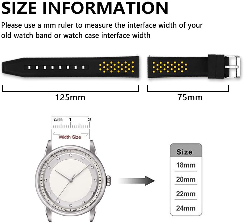 Quick Release Silicone Watch Bands Divers Model Replacement Rubber Watch Strap 20mm 22mm 24mm 26mm Waterproof dot Bicolor Silver Buckle for Men and Women Sport (20mm, Yellow) - Image 5