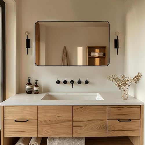 Miniatura 3 de ANDY STAR Espejo de tocador de baño negro mate, espejo rectangular redondeado bien hecho para baño, 24 x 40 pulgadas, elegante espejo de pared con