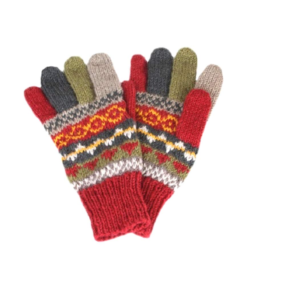 Pachamama Women Wool Gloves Handknitted Fairisle Rust Multicoloured One-Size Handmade Extra Warm Fair Trade
