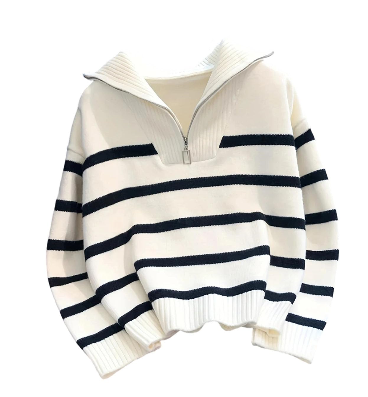 Women Sweater Thickened Zipper Striped Short Pullover Top Womens Clothing