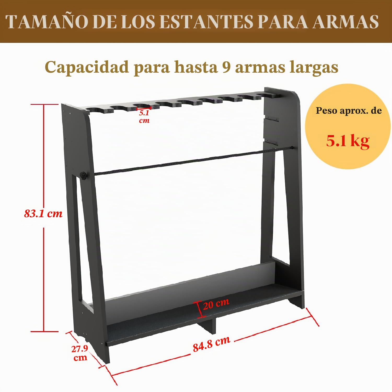 Bastidores para armas de interior – Estante de madera independiente para rifle, almacenamiento vertical para escopetas y soporte de exhibición con cuerda protectora, altura ajustable para