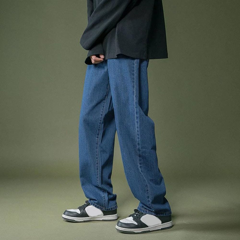 Pantalon droit large homme bleu foncé style coréen baggy en taille L