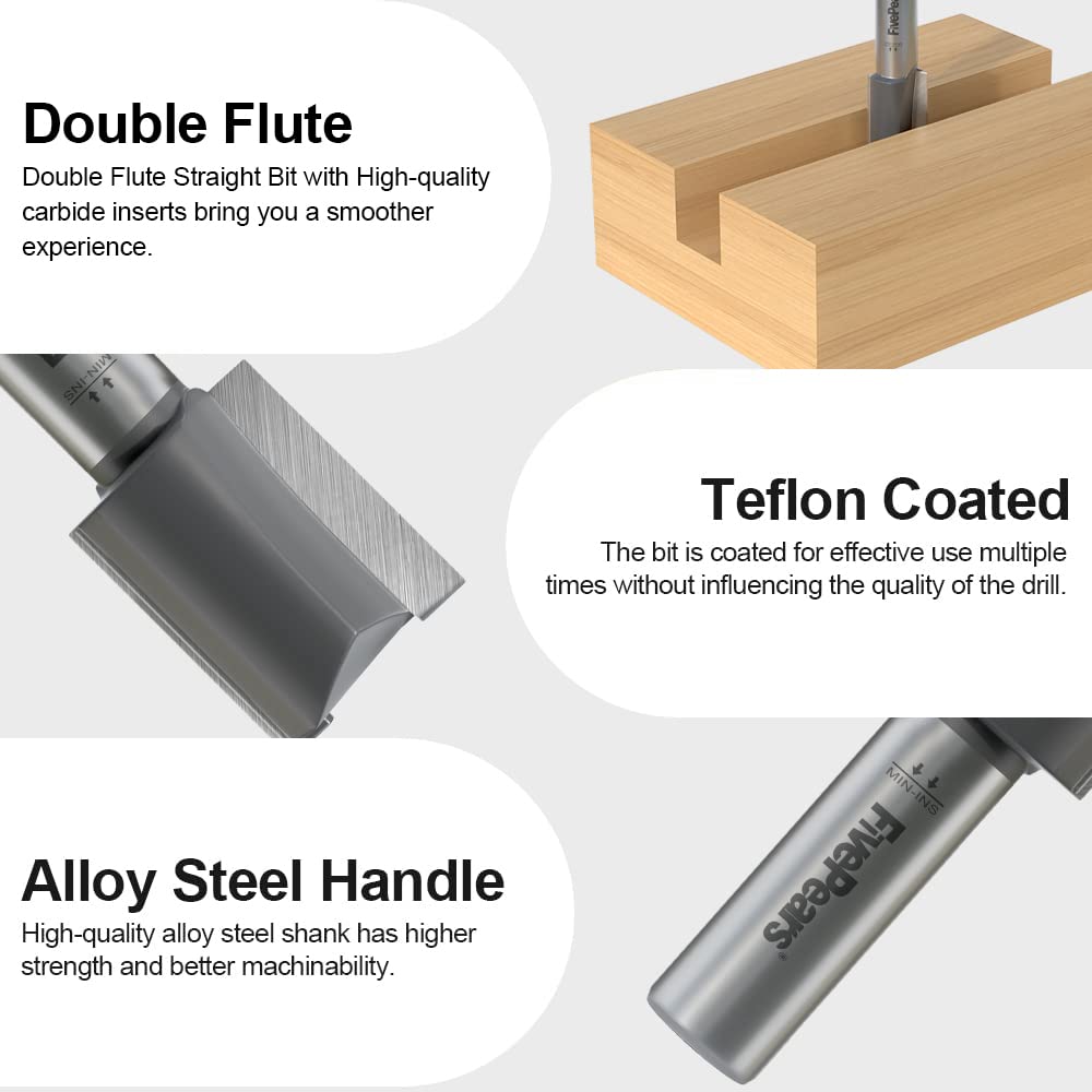 FivePears Straight Router Bits 1/2 Inch Shank Double Flute, 1 Inch Cutting Diameter, 1-1/4 Inch Cutting Length, Used for Create Groove, Dado or Hollow