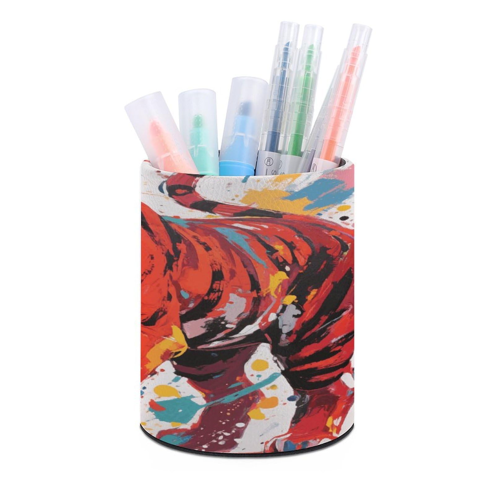 FekiLoot PU Leather Round Pen Holder Abstract Tiger Pencil Holder Desk Organizer Pen Organizer Pen Cup Pencil Cup Caddy Desktop Stationery Organizers for Office Home Supplies