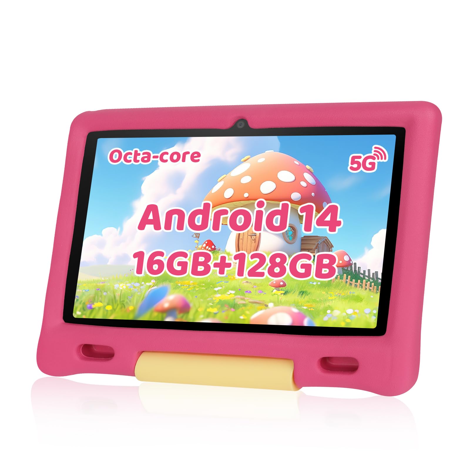 Gleeso Tablet Bambini | Android Tablet per Bambini 10 Pollici, Kids Tablet con Octa-Core | 128GB+1TB TF | Controllo Parentale | 8MP Fotocamera | WiFi 6/BT 5.3, Tablet con Custodia Protettiva - Rosa