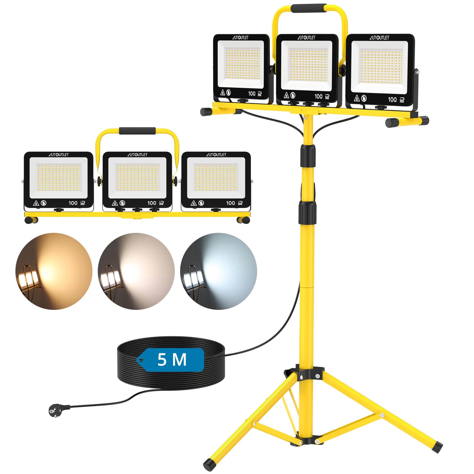 AUTOUTLET Faretto da Cantiere con Treppiede Allungabile,3x 100W 27000LM Faro Led Ricaricabile con 3 Temperature Colore e Cavo di Alimentazione da 5 M,IP66 Impermeabile,per Garage Officina e Esterno